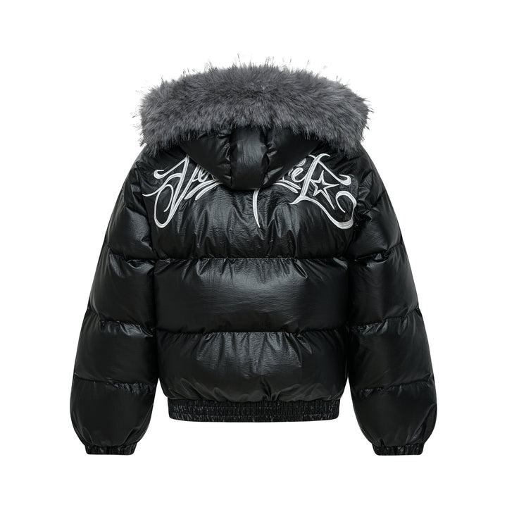 3-6-5.shop Shiny Fur-Trim Embroidered Puffer Jacket