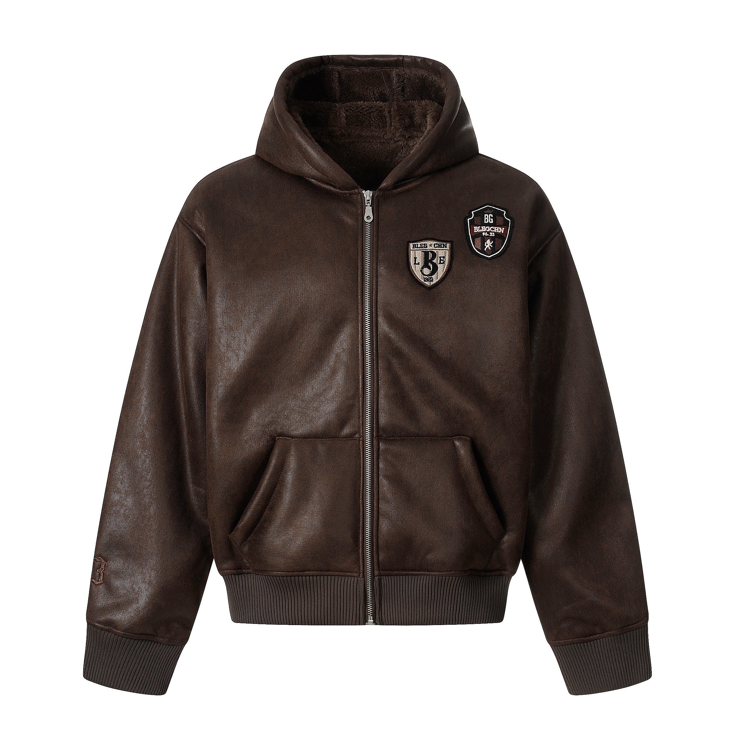 3-6-5.shop Badge PU Leather Hooded Jacket