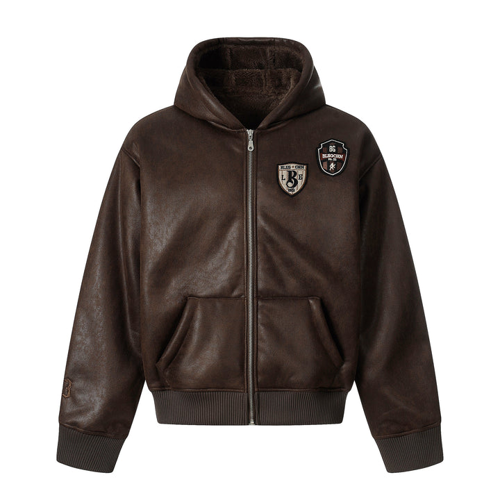 3-6-5.shop Badge PU Leather Hooded Jacket