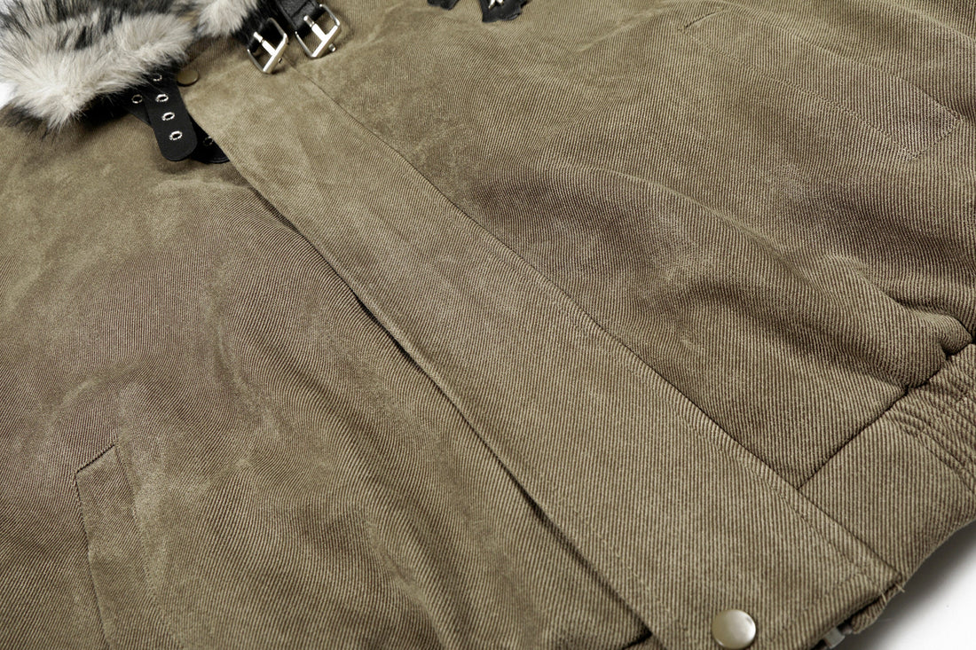 3-6-5.shop Faux Fur Collar Suede-Texture Buckle Bomber Jacket