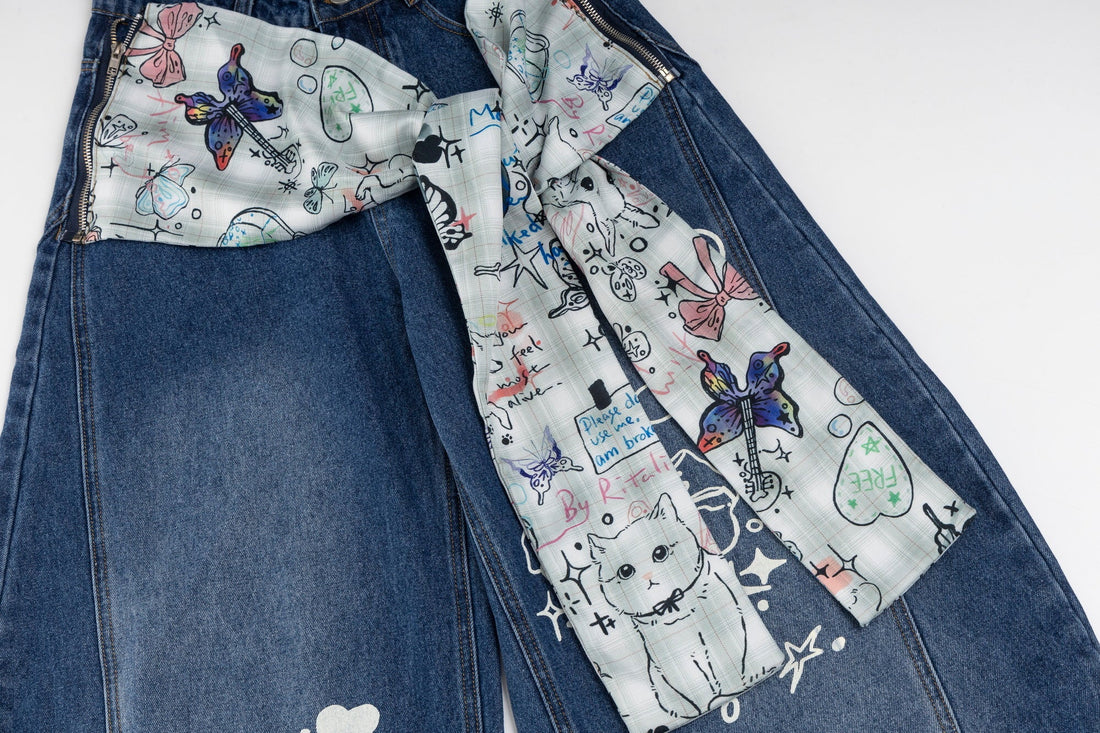 3-6-5.shop Bunny Ribbon Curved Jeans