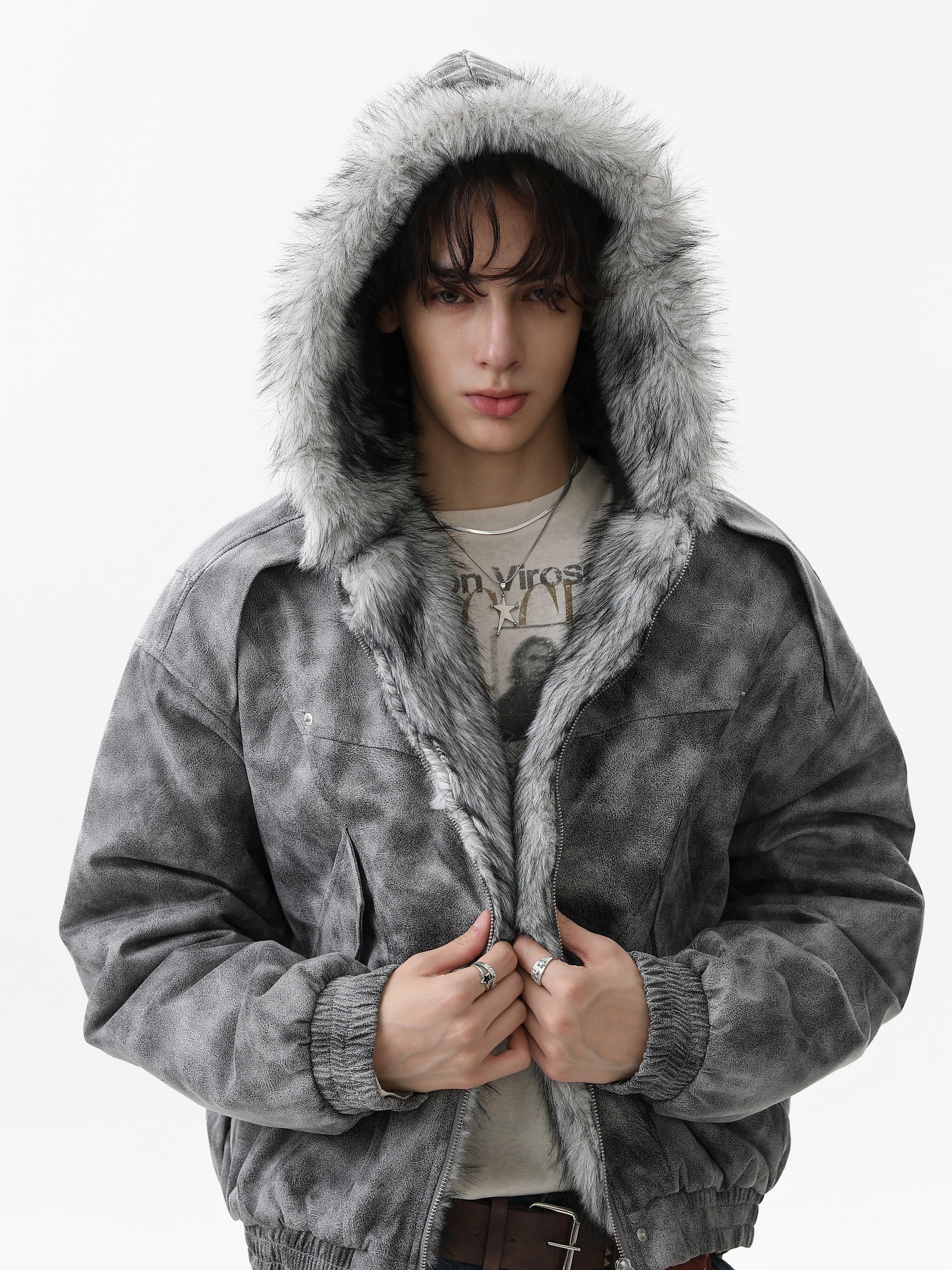 3-6-5.shop Washed Faux-Fur Hooded Jacket