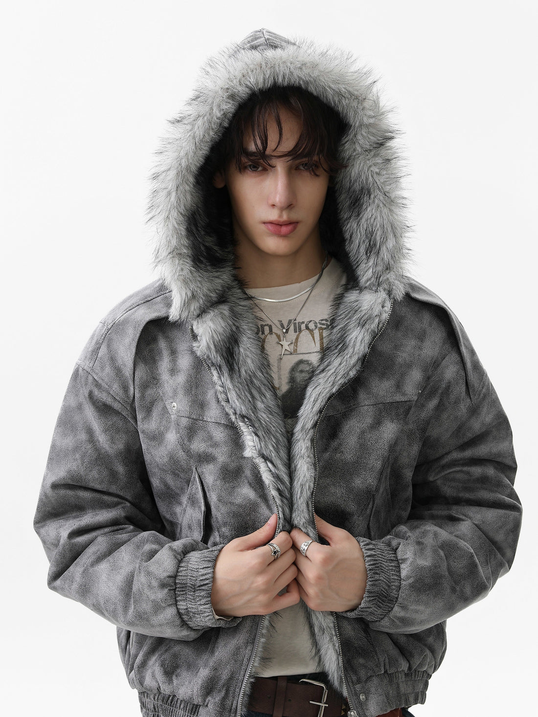 3-6-5.shop Washed Faux-Fur Hooded Jacket