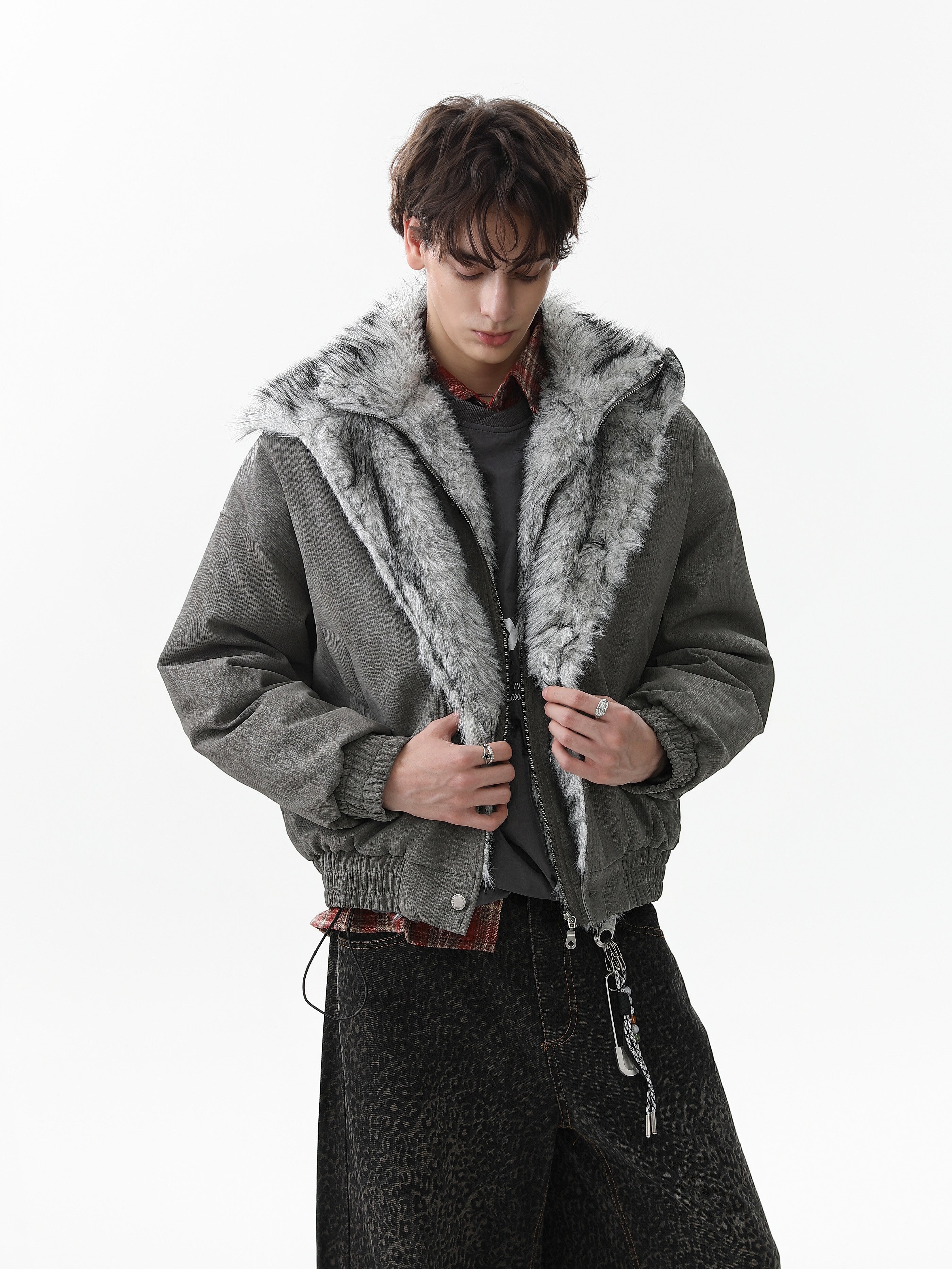 3-6-5.shop Faux Fur Trim High-Neck Bomber Jacket