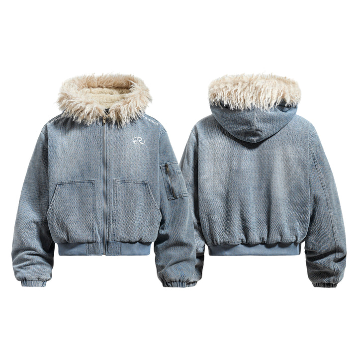 3-6-5.shop Fur-Trim Washed Hooded Jacket