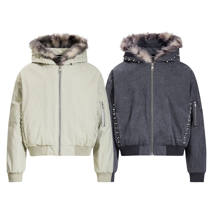 3-6-5.shop Studded Fur-Trim Hooded Jacket