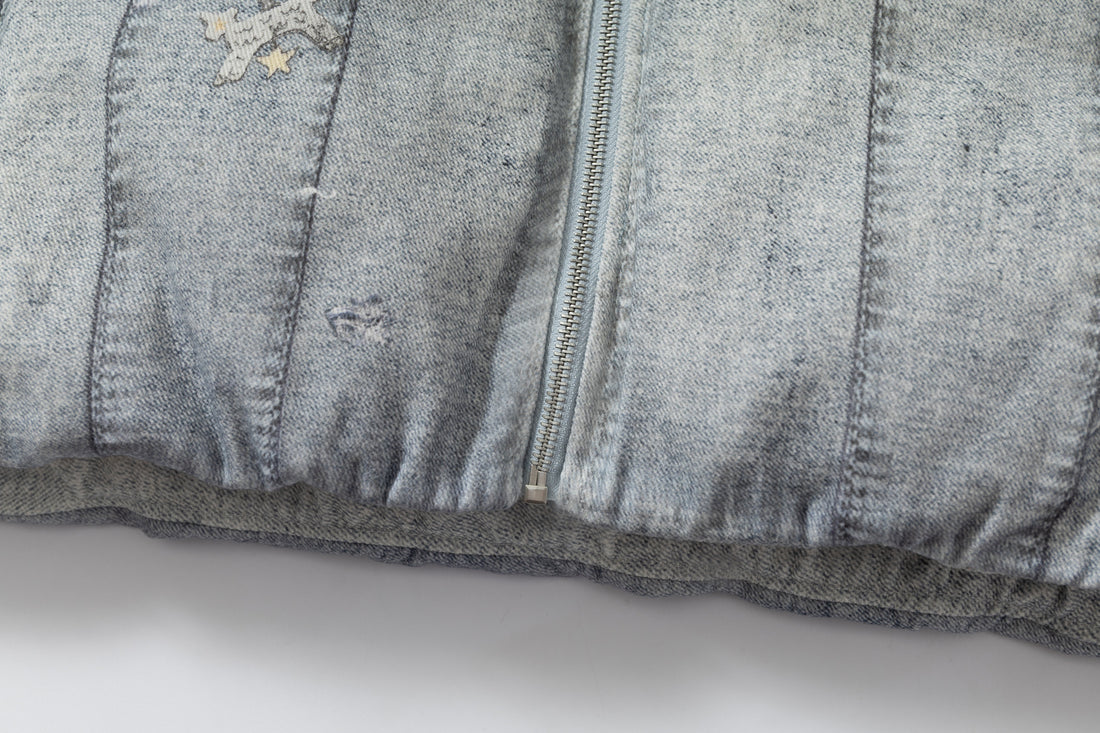 3-6-5.shop Patchwork Distressed Denim Puffer Jacket