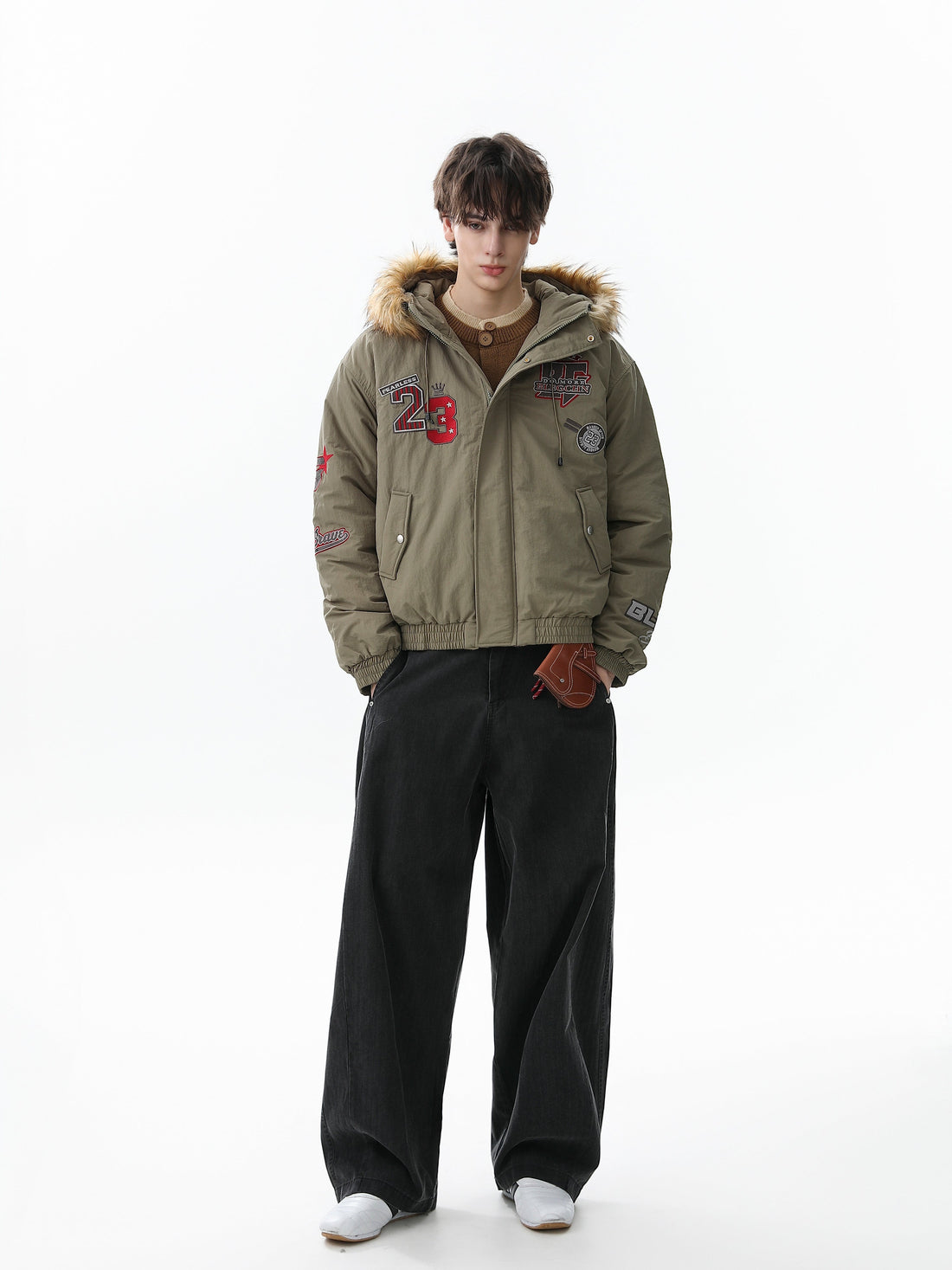 3-6-5.shop Varsity Patch Fur Hooded Puffer Jacket