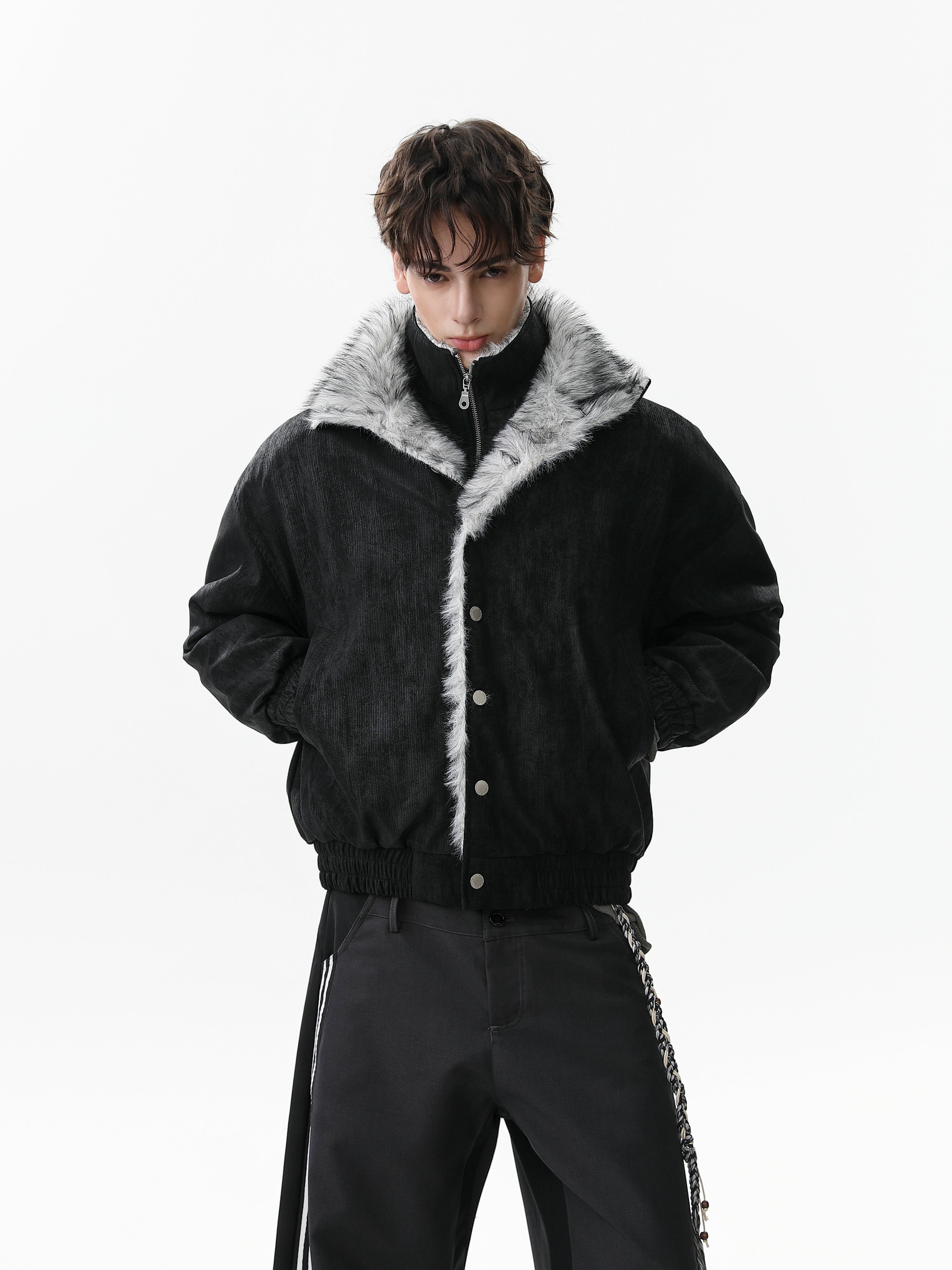 3-6-5.shop Faux Fur Trim High-Neck Bomber Jacket