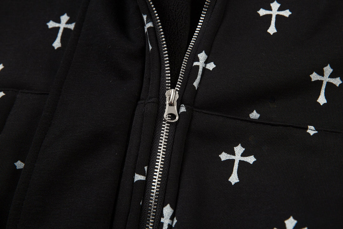 3-6-5.shop Cross Print Faux Fur Hooded Jacket