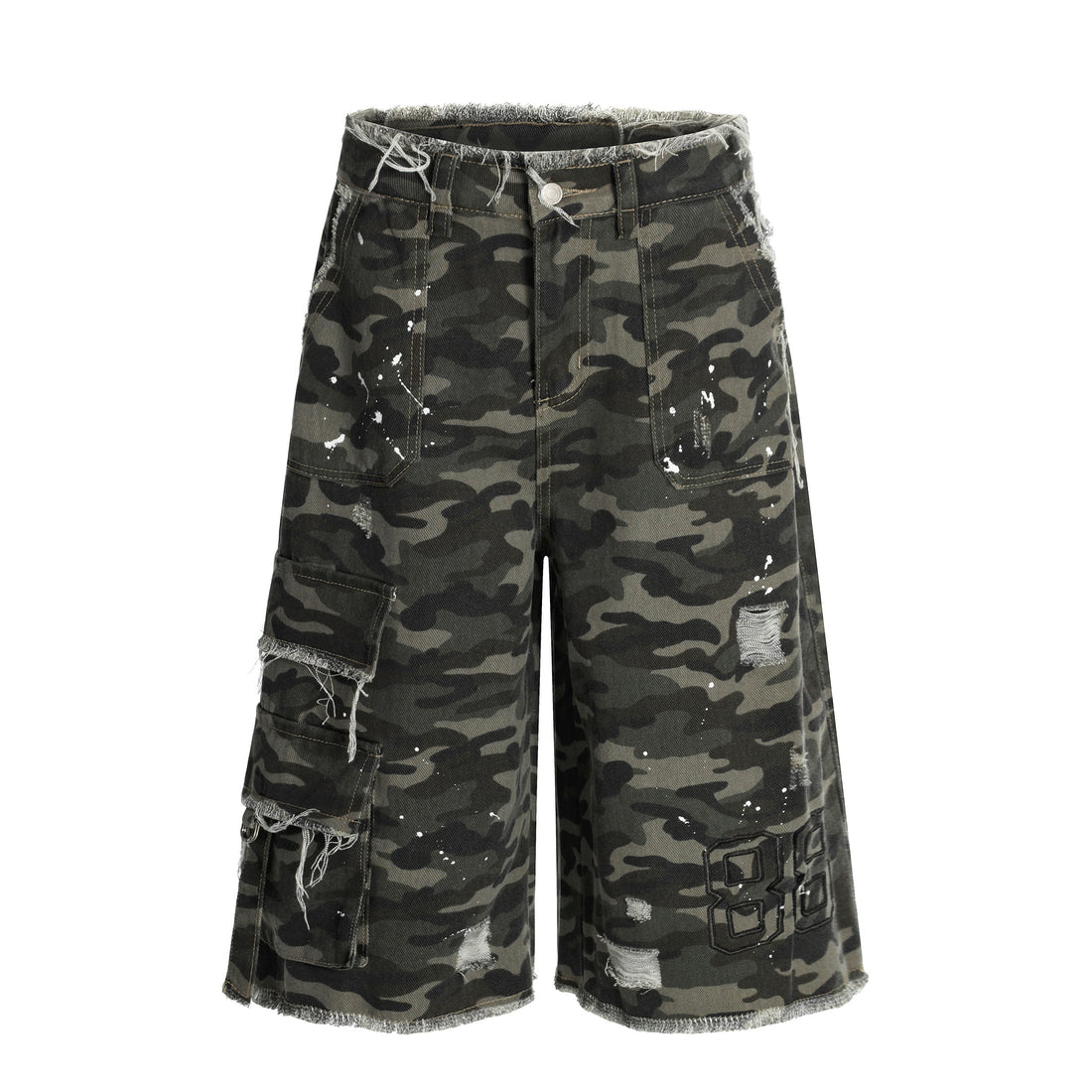 3-6-5.shop Camo Distressed Utility Denim Shorts