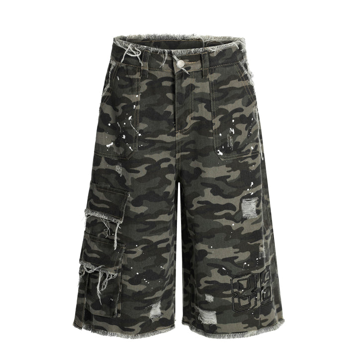 3-6-5.shop Camo Distressed Utility Denim Shorts
