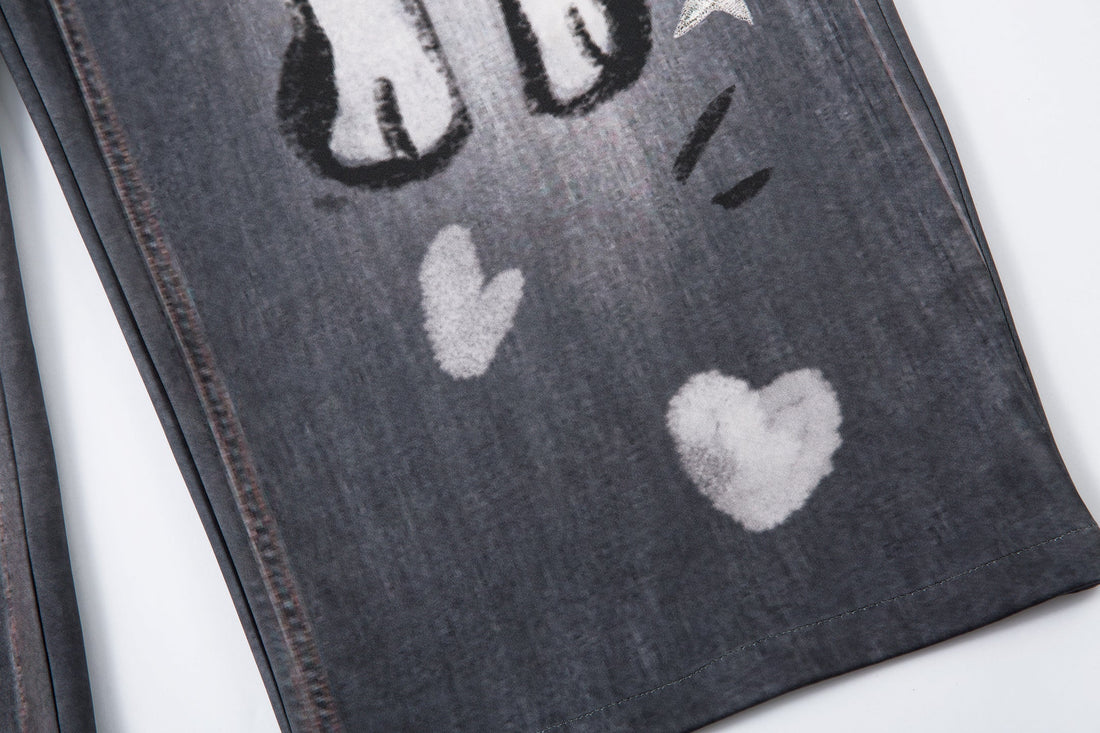 3-6-5.shop Cat Print Barrel Denim Pants