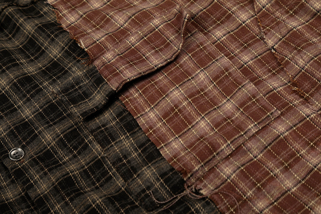 3-6-5.shop Patchwork Distressed Plaid Button-Up Shirt
