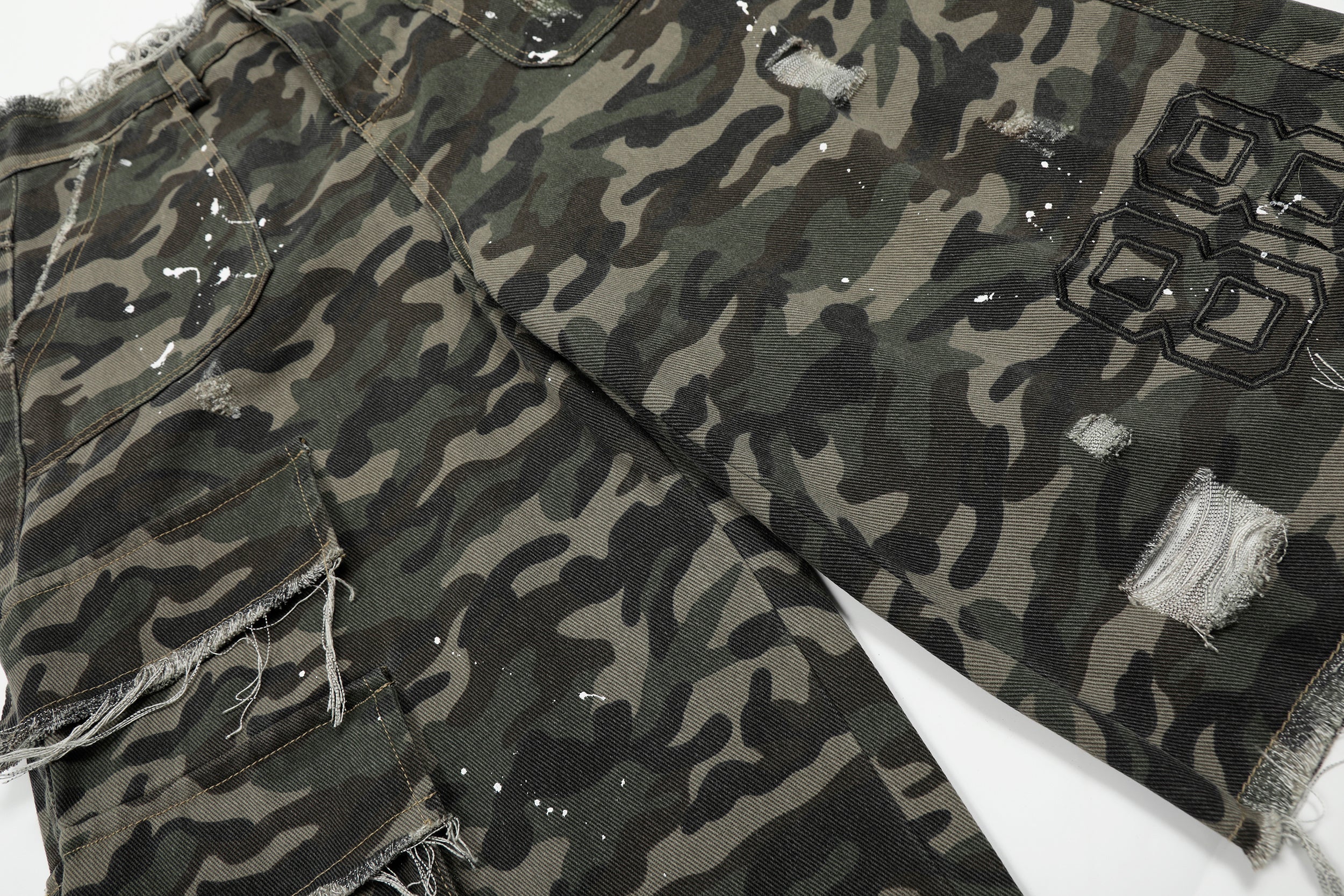 3-6-5.shop Camo Distressed Utility Denim Shorts