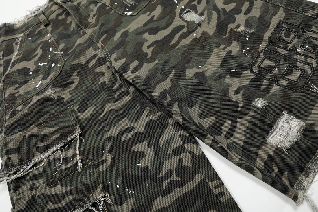 3-6-5.shop Camo Distressed Utility Denim Shorts