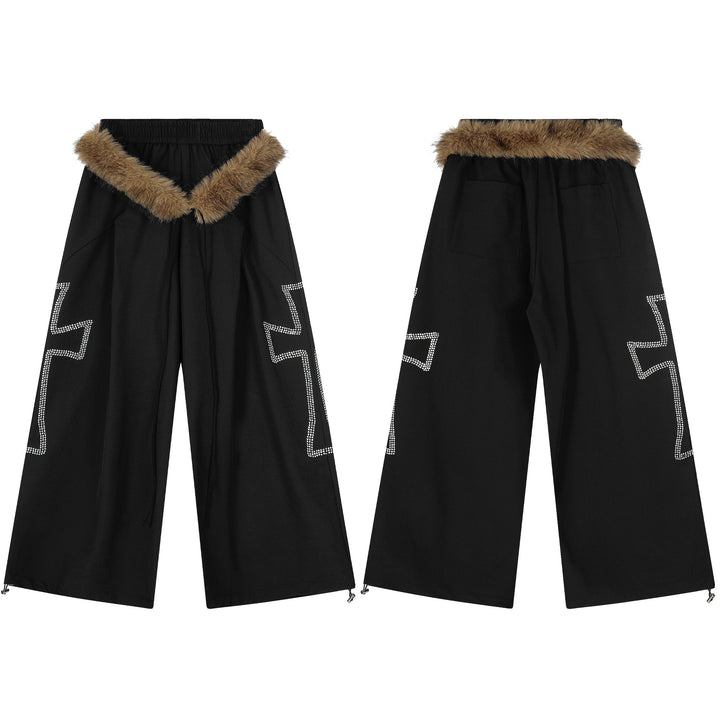 3-6-5.shop Rhinestone Cross Faux-Fur Pants