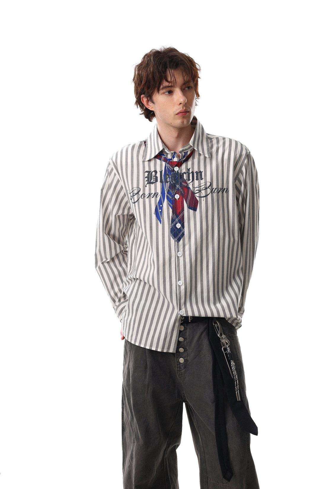 3-6-5.shop Striped Tie-Detail Button-Up Shirt
