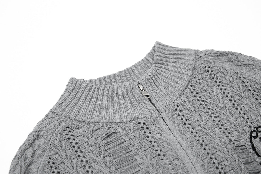 3-6-5.shop Distressed Knit Zip Cardigan