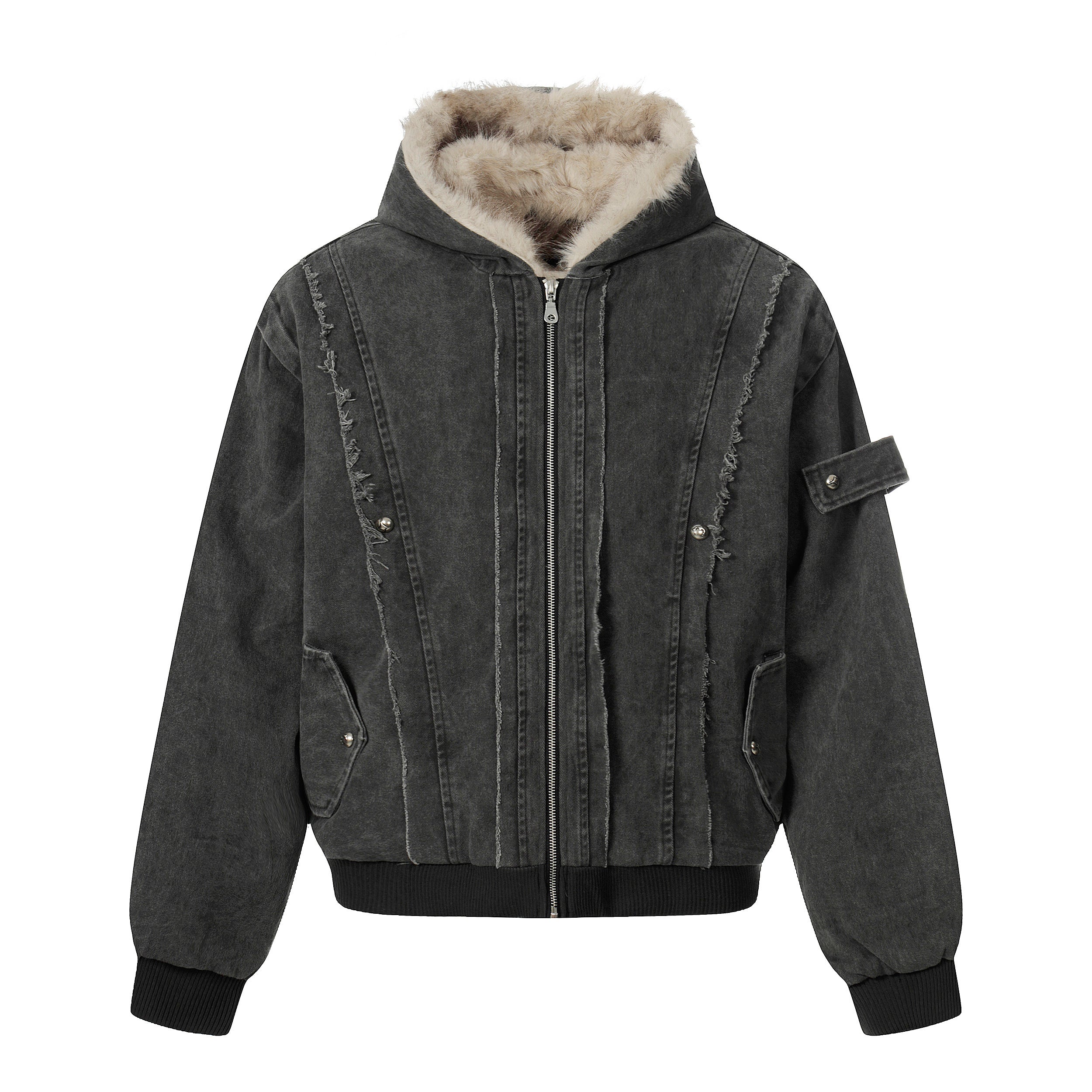 3-6-5.shop Washed Shearling-Lined Denim Hooded Jacket