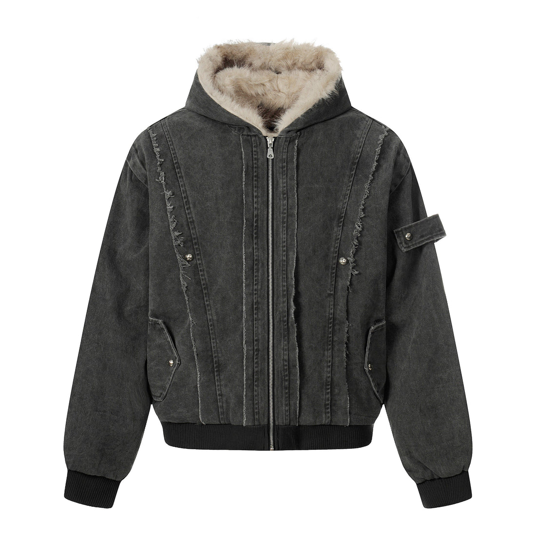 3-6-5.shop Washed Shearling-Lined Denim Hooded Jacket