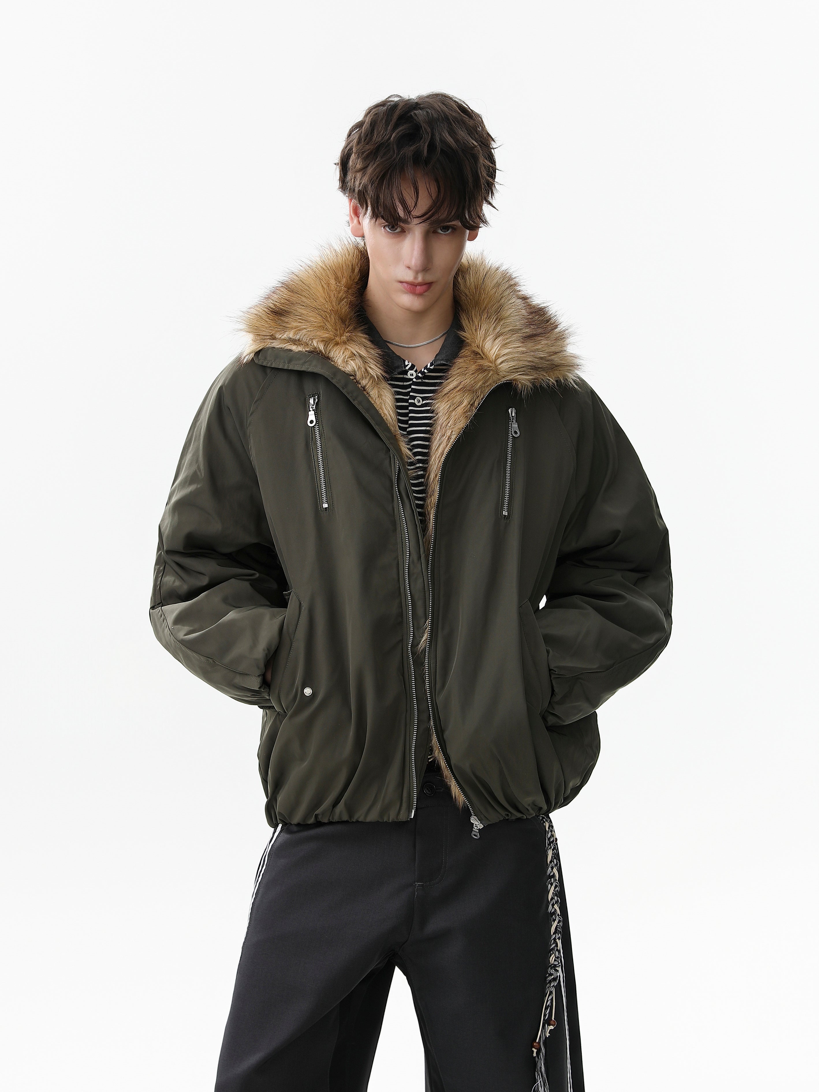 3-6-5.shop Faux Fur Collar Utility Bomber Jacket