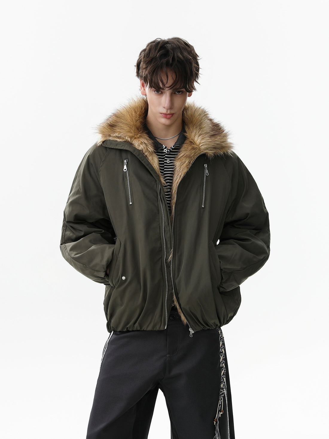 3-6-5.shop Faux Fur Collar Utility Bomber Jacket