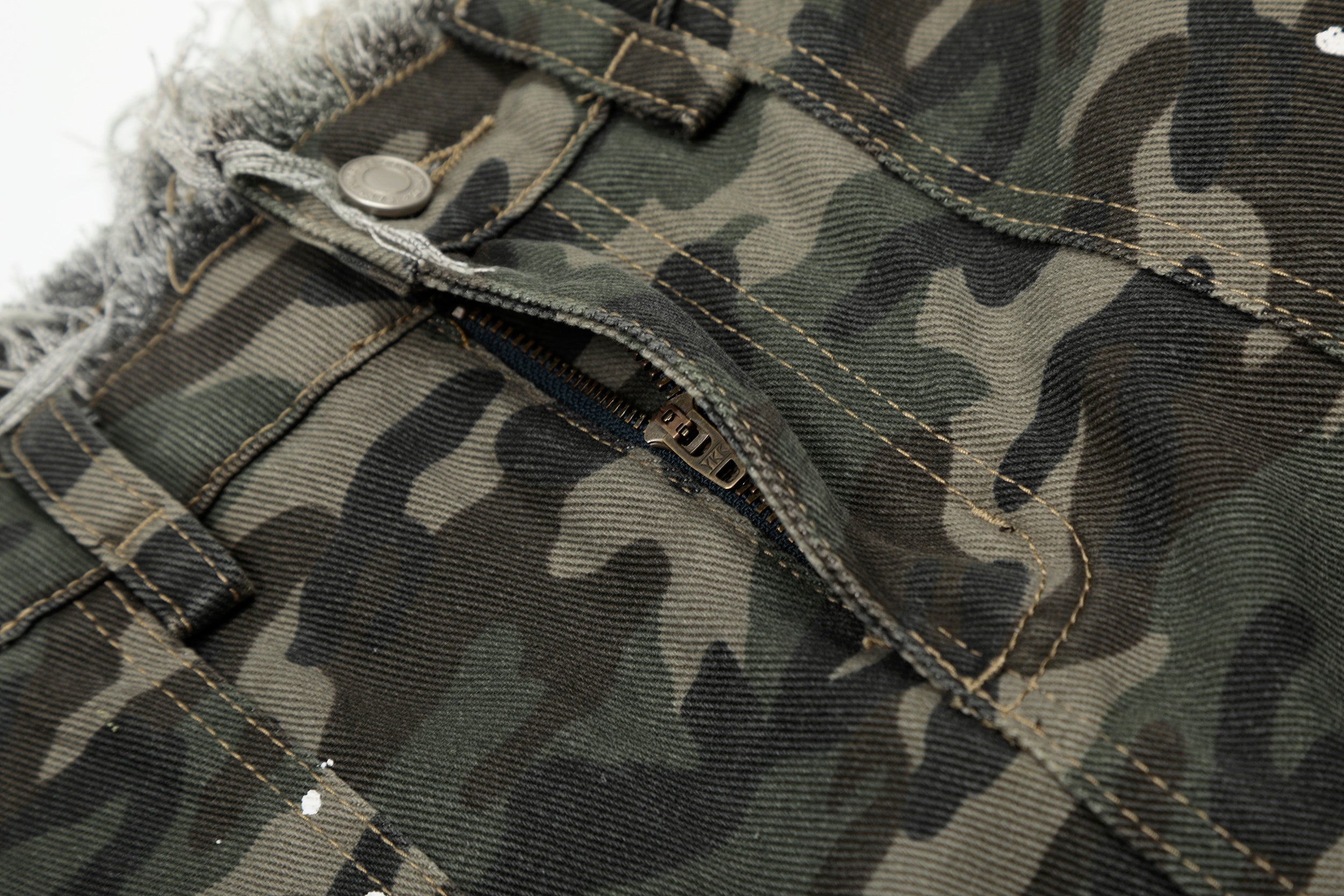 3-6-5.shop Camo Distressed Utility Denim Shorts