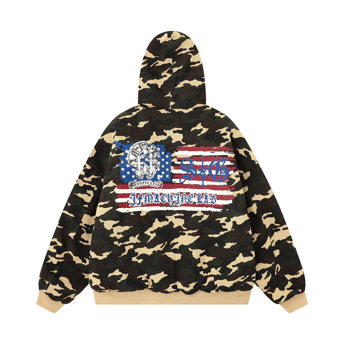 3-6-5.shop Camo Patch Fur Hoodie Jacket