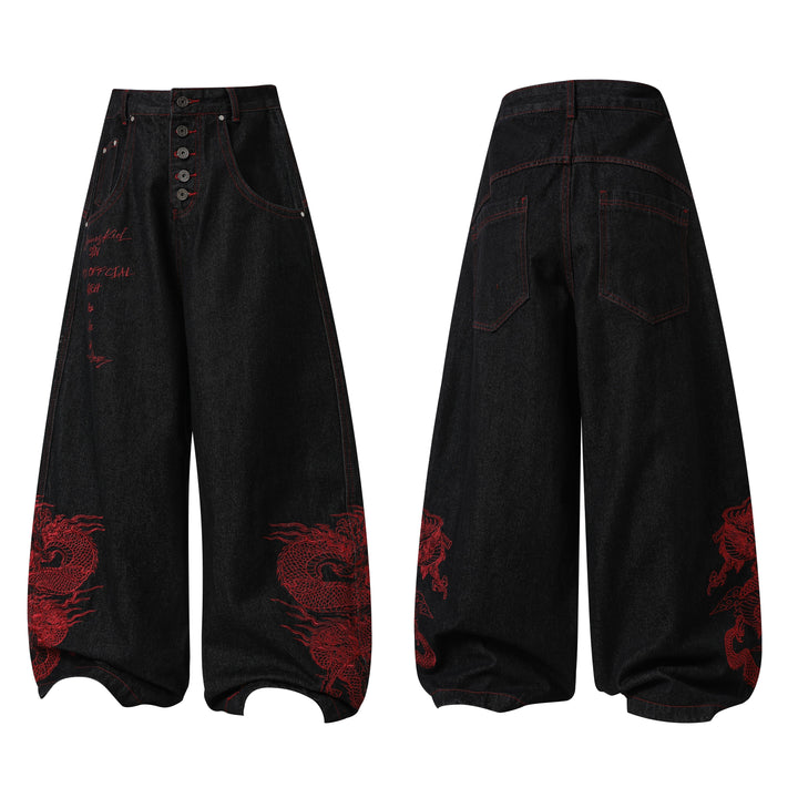 3-6-5.shop Dragon Embroidered Wide-Leg Denim Pants