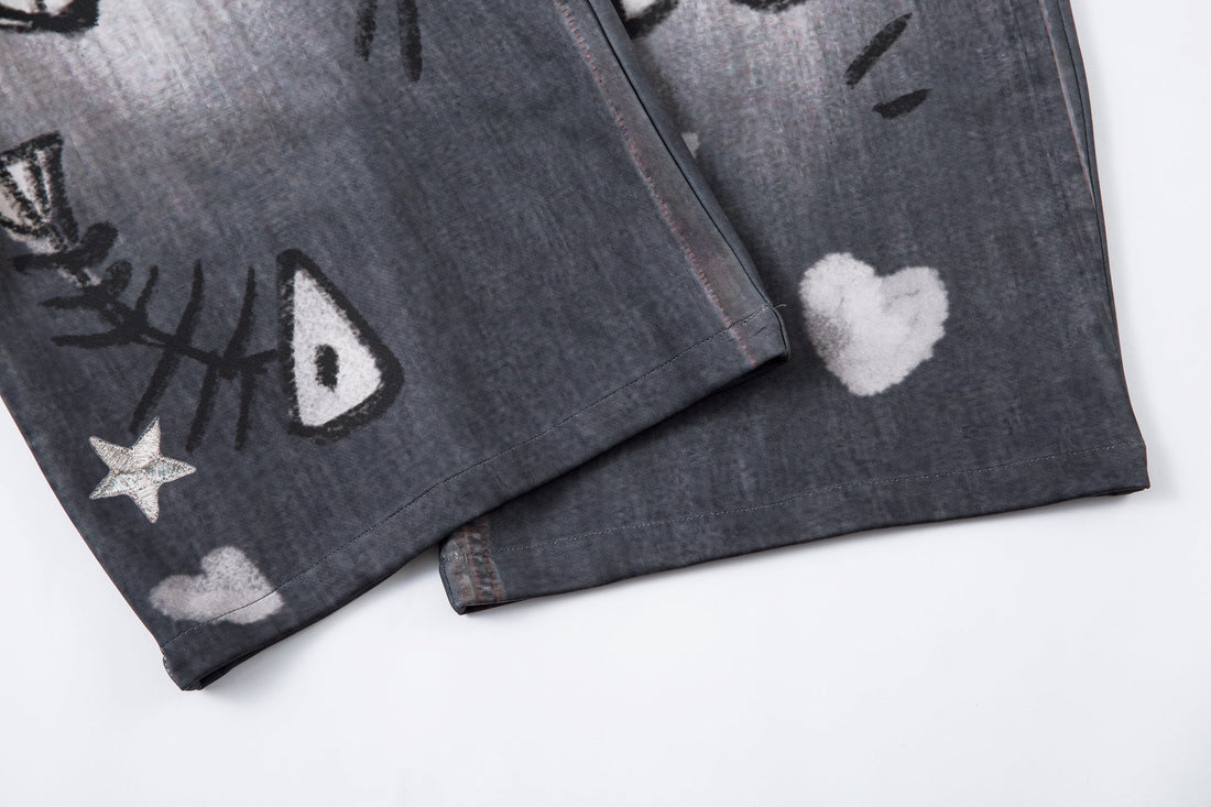 3-6-5.shop Cat Print Barrel Denim Pants