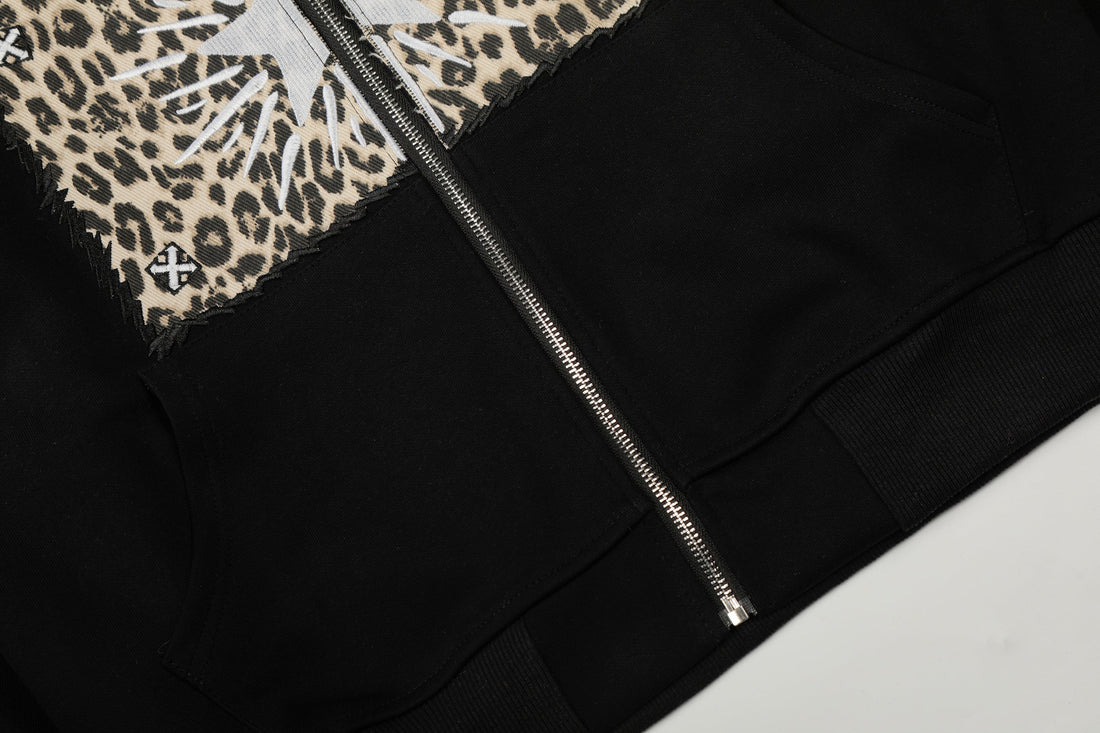 3-6-5.shop Leopard Panel Zip Hoodie