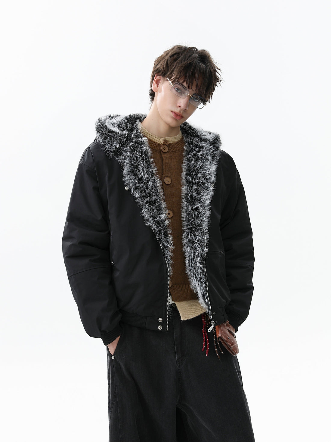 3-6-5.shop Faux Fur Hood Utility Bomber Jacket