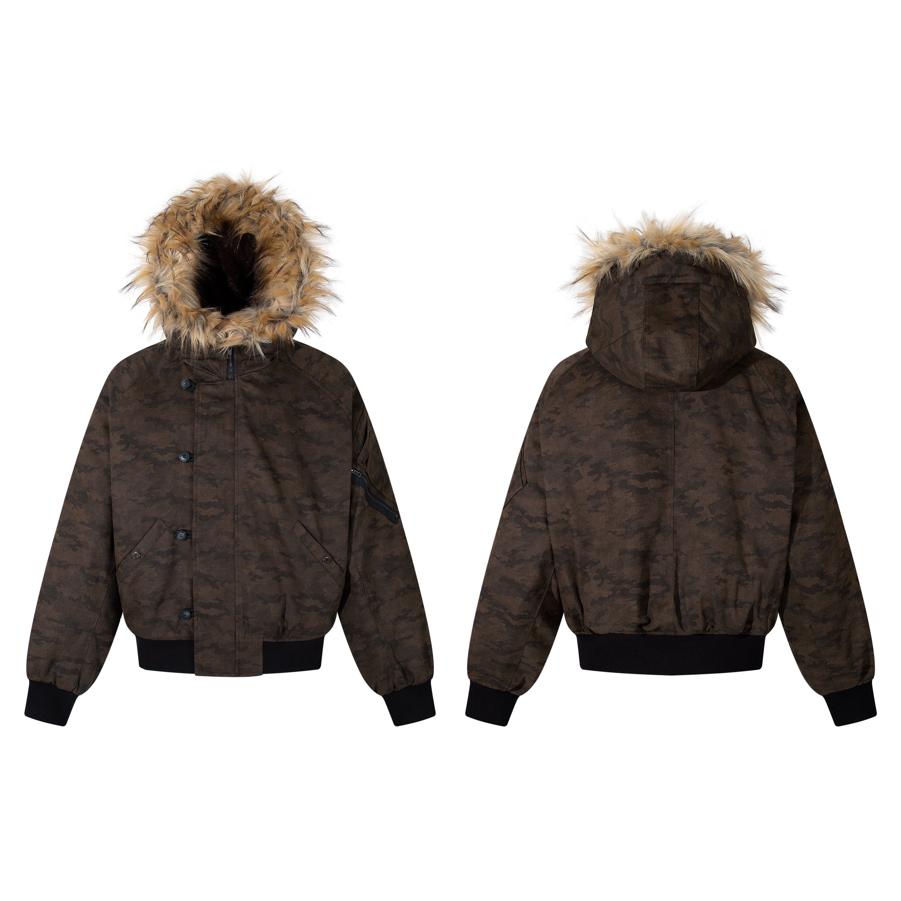 3-6-5.shop Camo Fur Hood Bomber Jacket