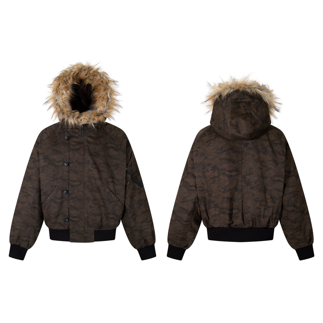 3-6-5.shop Camo Fur Hood Bomber Jacket