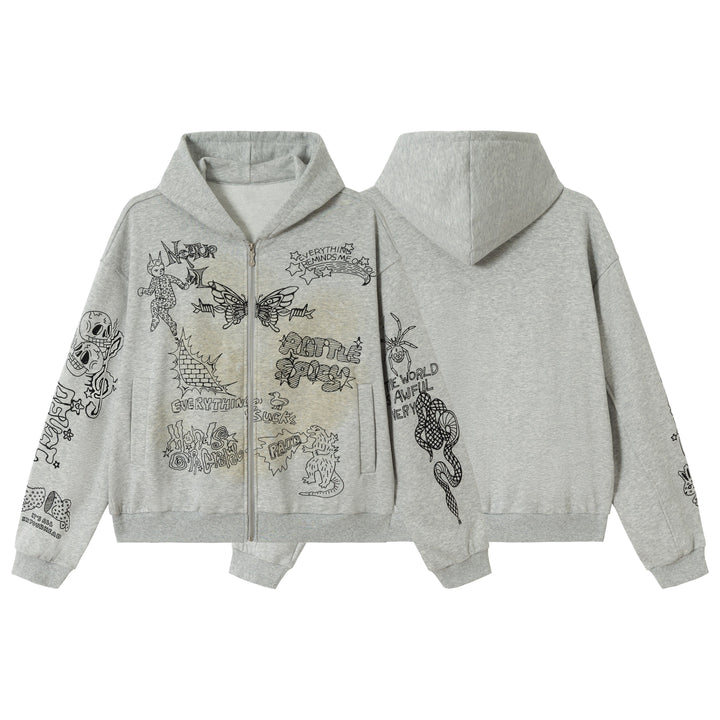 3-6-5.shop Doodle Graphic Zip Hoodie