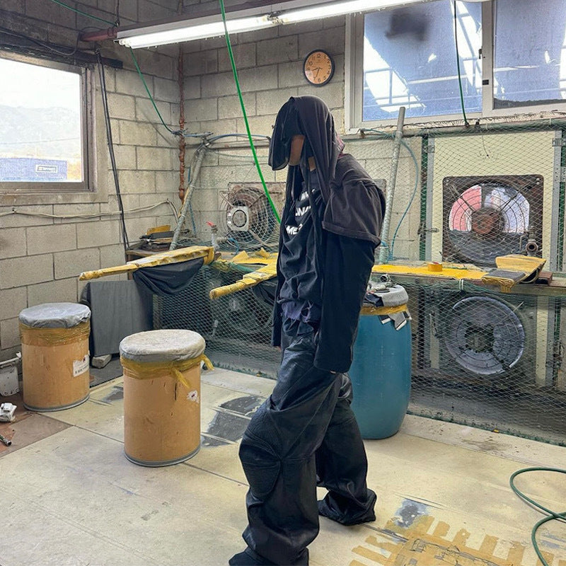 3-6-5.shop Curved-Stitch Leather Denim Pants