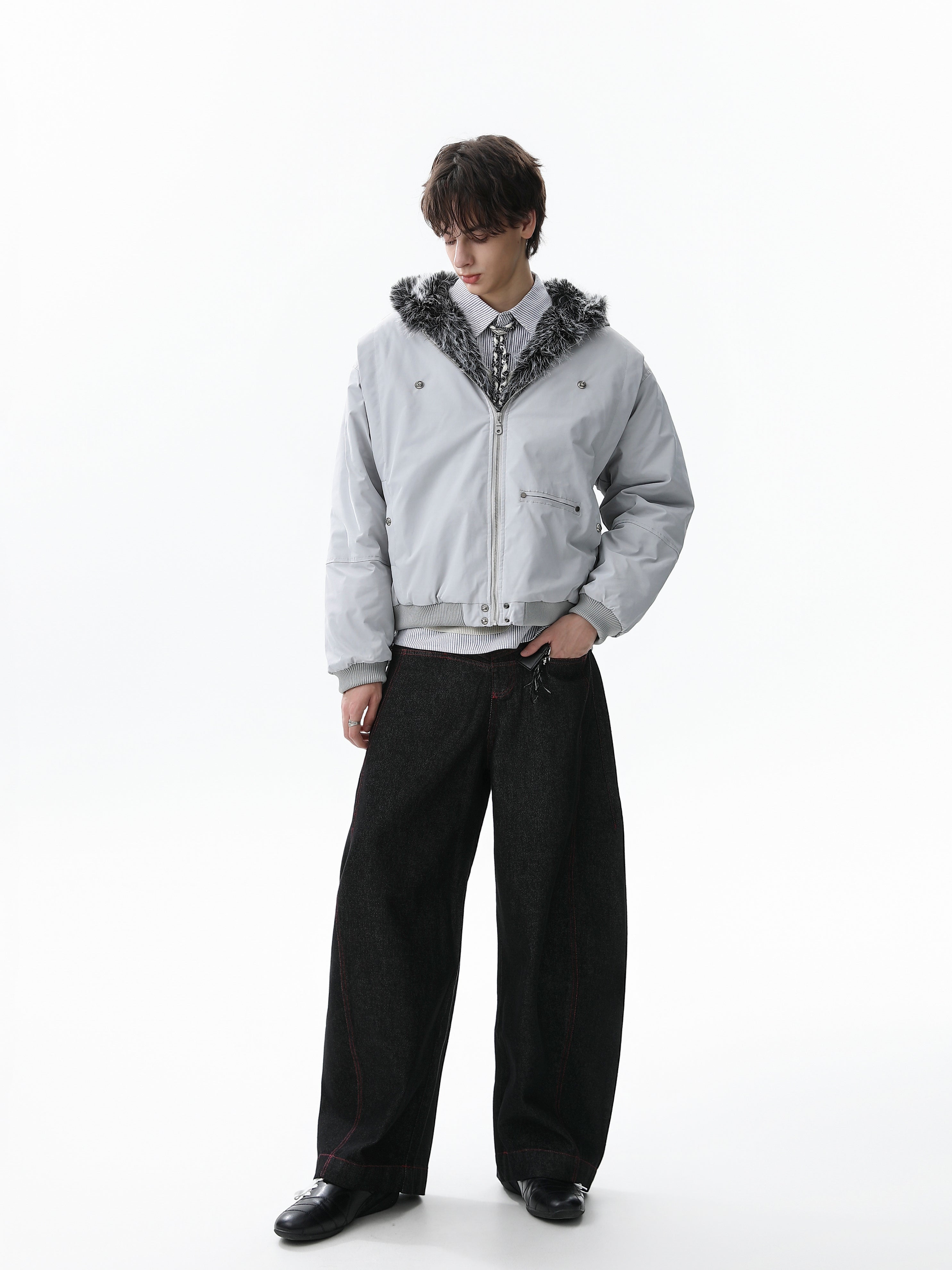 3-6-5.shop Faux Fur Hood Utility Bomber Jacket