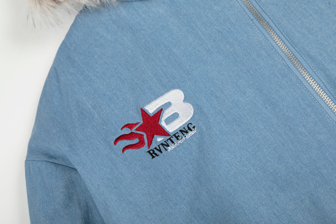 3-6-5.shop “97 Denim Varsity Hooded Jacket”