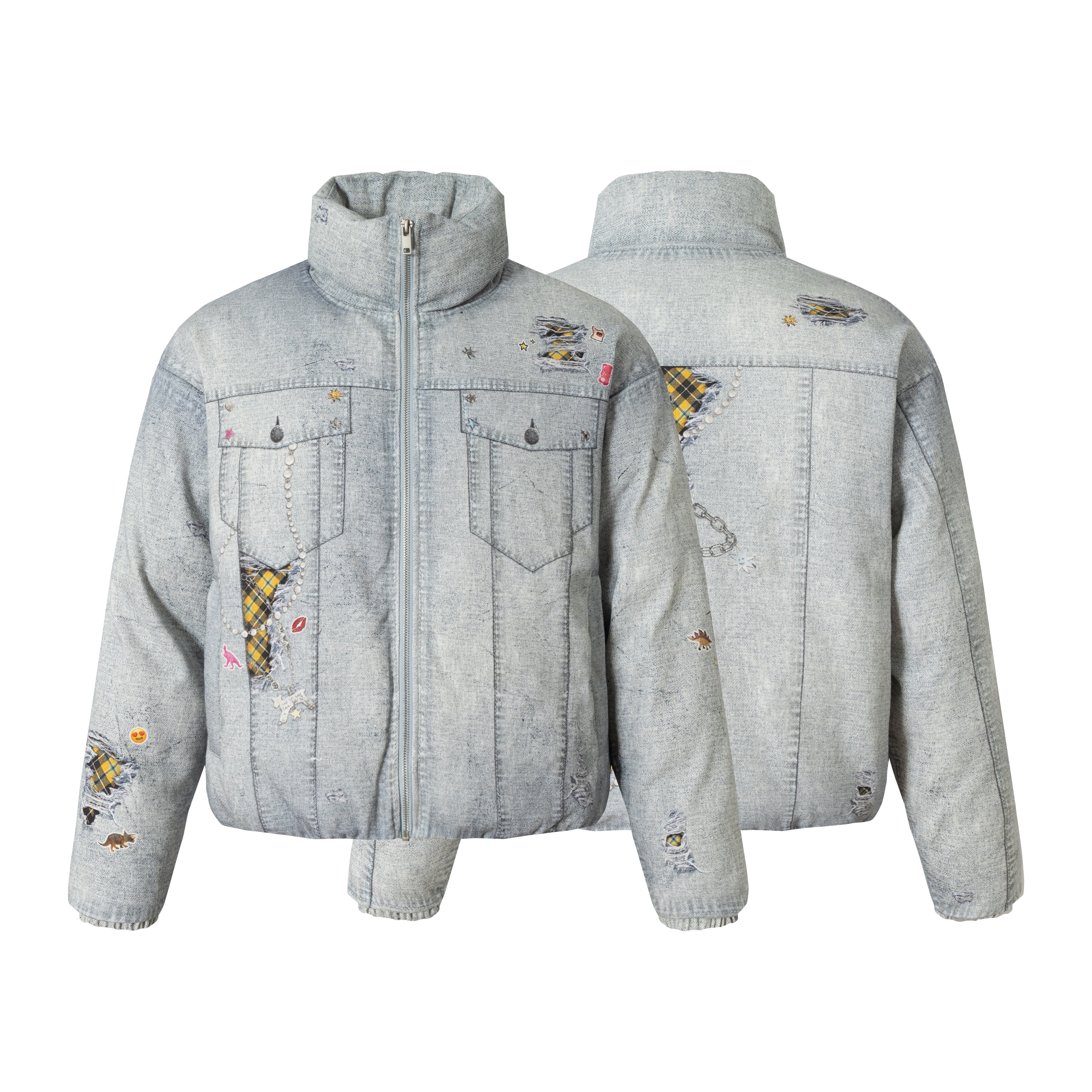 3-6-5.shop Patchwork Distressed Denim Puffer Jacket