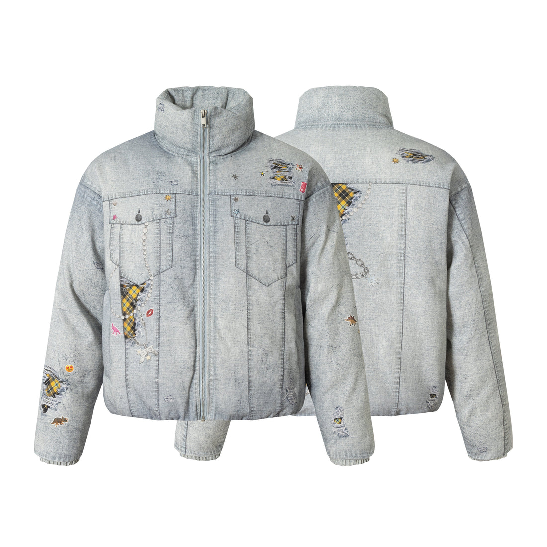 3-6-5.shop Patchwork Distressed Denim Puffer Jacket