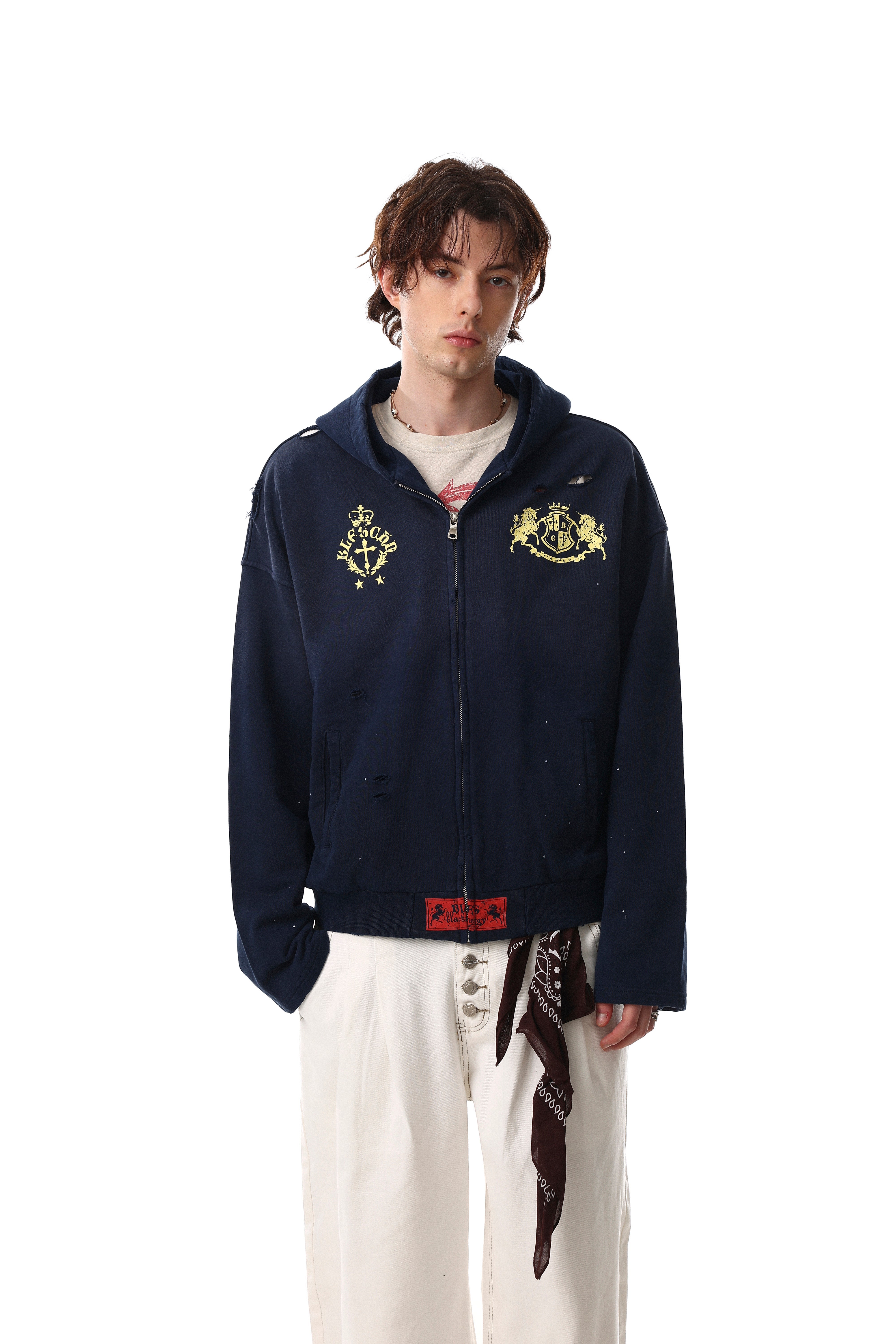 3-6-5.shop Distressed Crest Zip-Up Hoodie