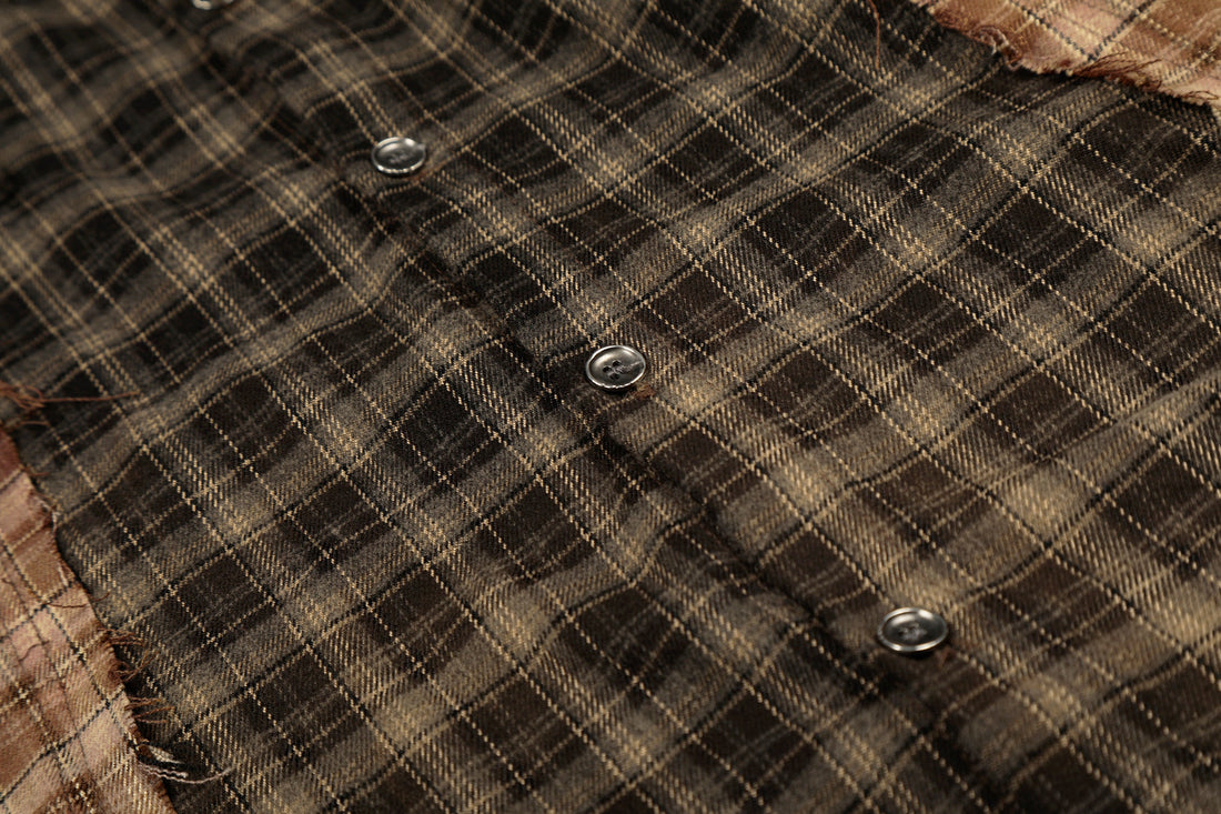 3-6-5.shop Patchwork Distressed Plaid Button-Up Shirt