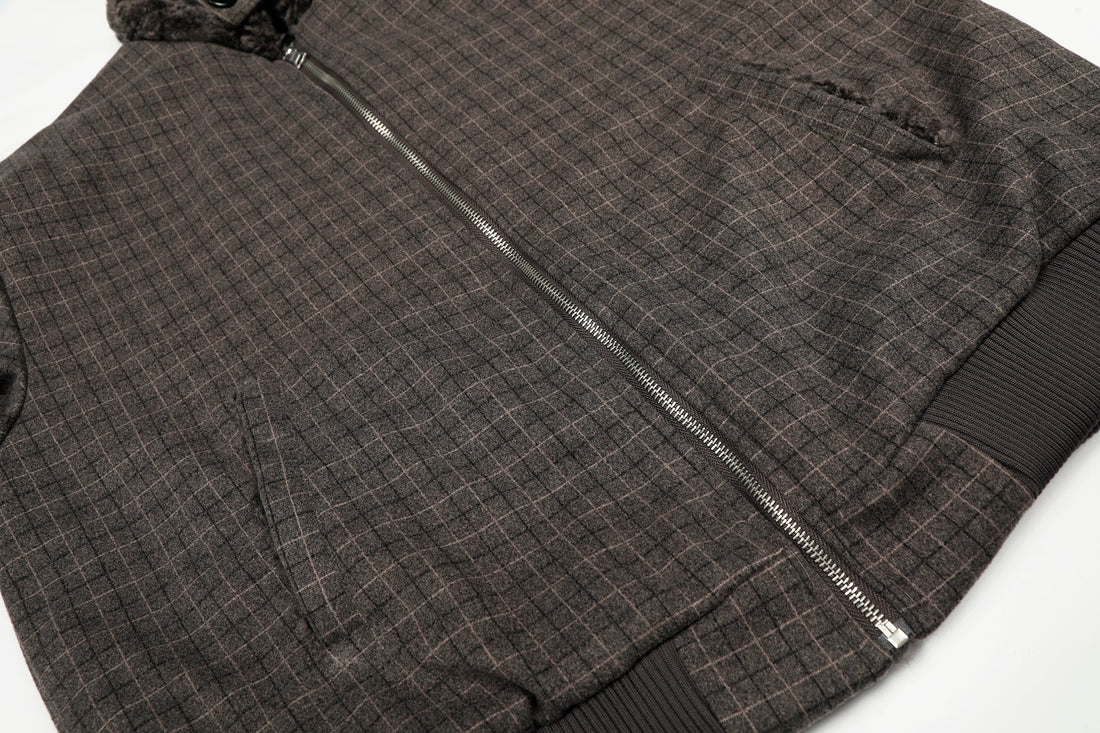 3-6-5.shop Check Pattern Faux Fur Collar Jacket