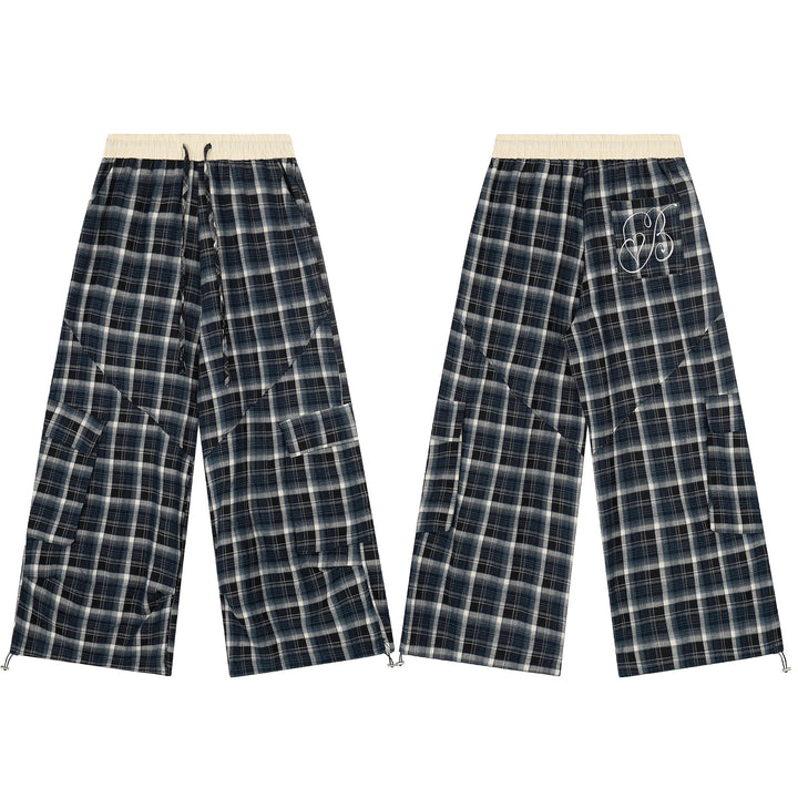 3-6-5.shop Checked Patchwork Cargo Wide-Leg Pants