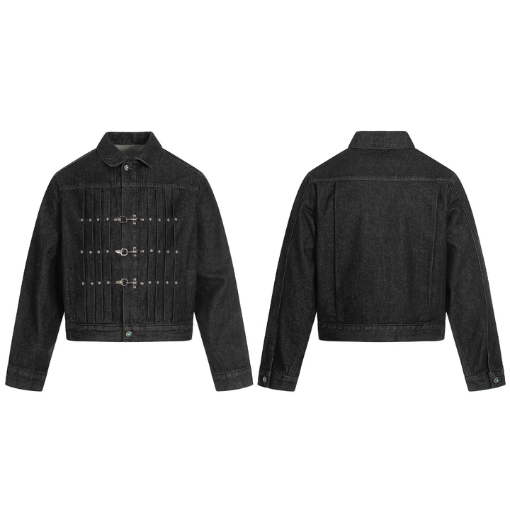 3-6-5.shop Metal Buckle Pleated Denim Jacket