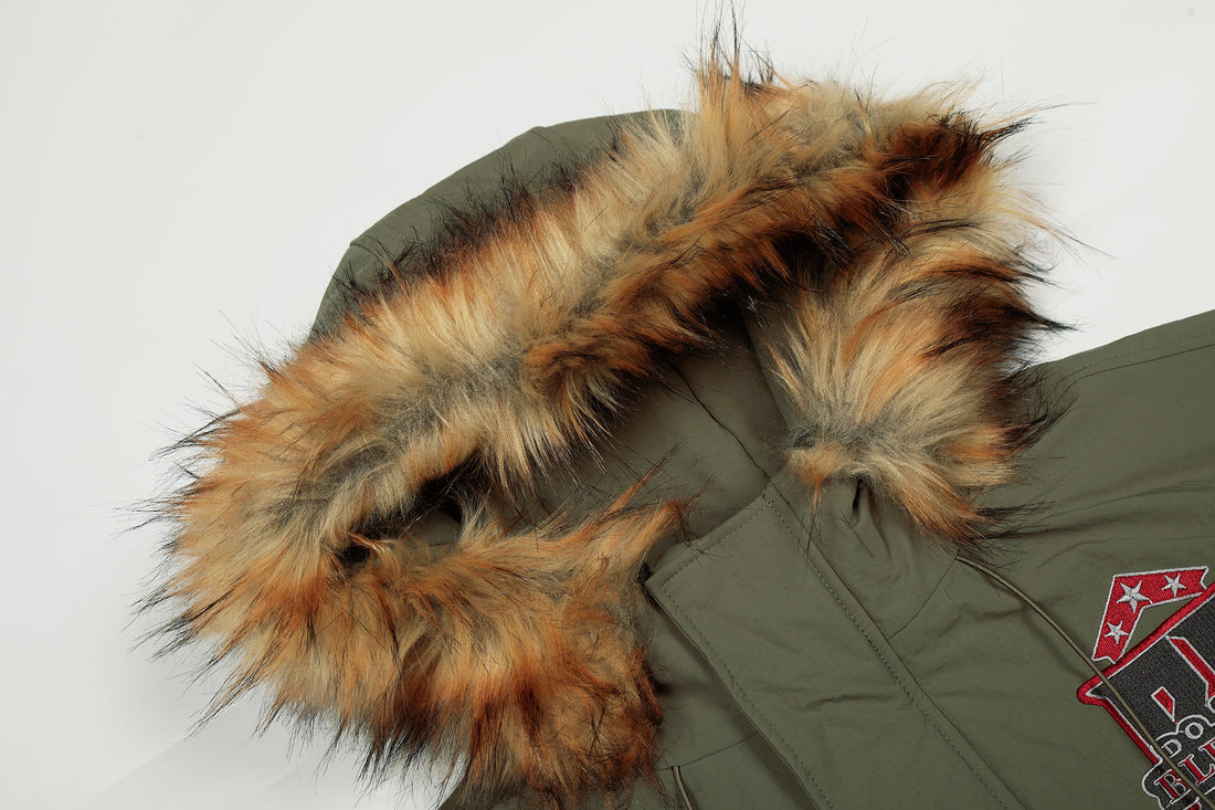 3-6-5.shop Varsity Patch Fur Hooded Puffer Jacket