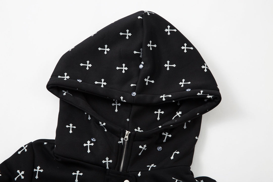 3-6-5.shop Cross Print Faux Fur Hooded Jacket