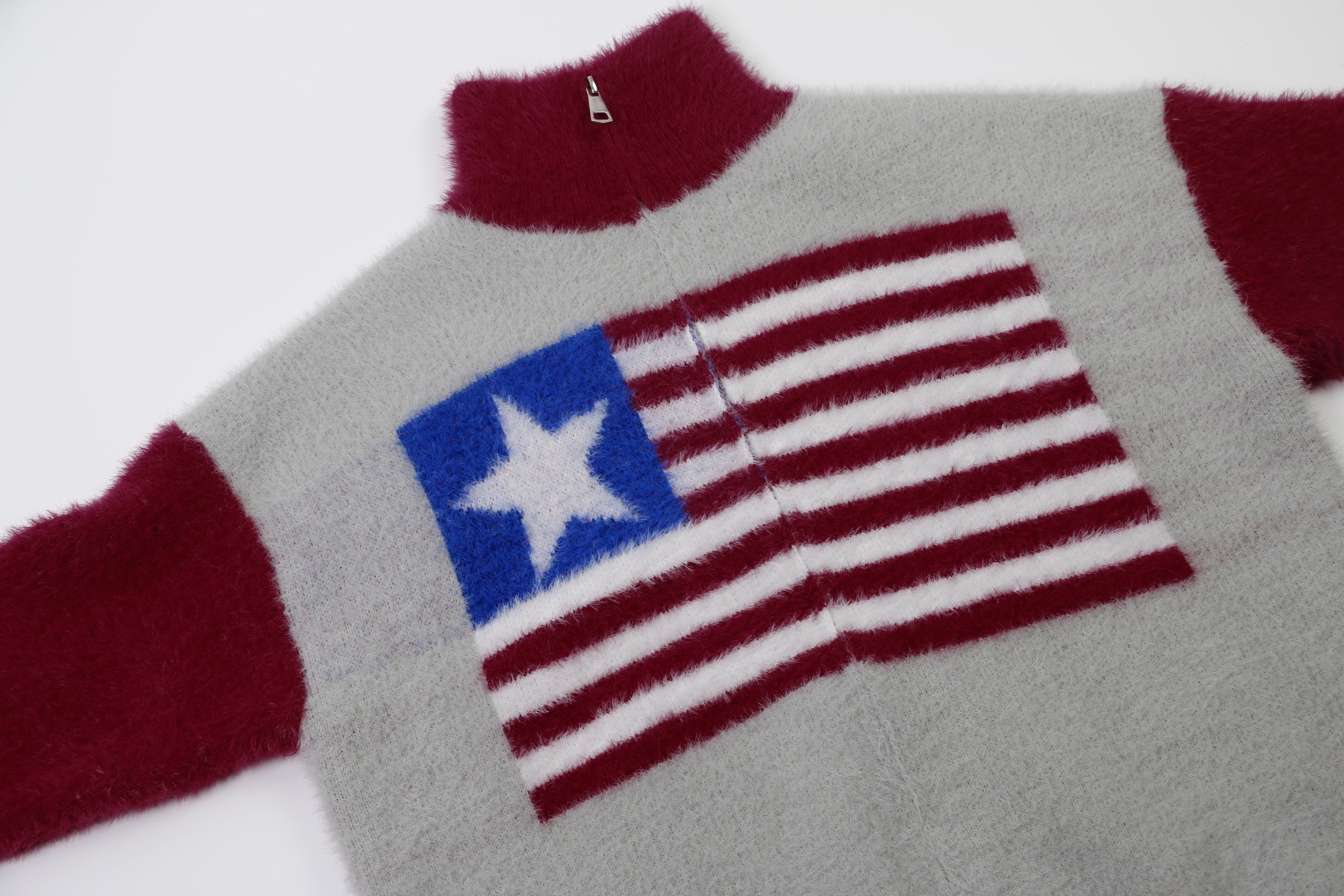3-6-5.shop Flag Pattern Fuzzy Half-Zip Sweater
