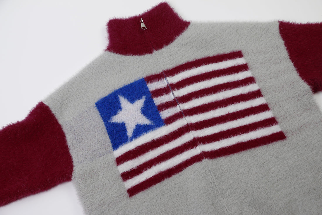 3-6-5.shop Flag Pattern Fuzzy Half-Zip Sweater
